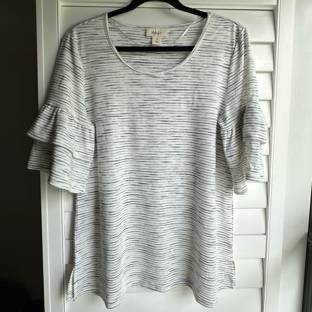 Style & Co. Ruffle Sleeve Striped Top - White and Gray